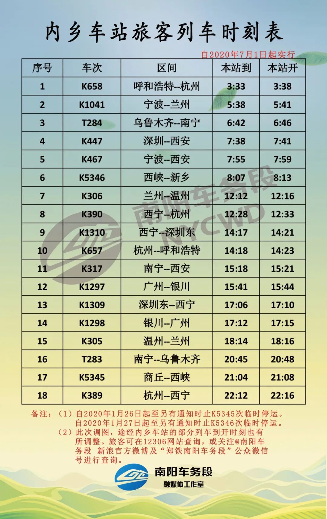 内乡火车站最新时刻表