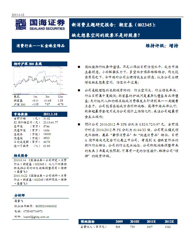 潮宏基股票行情
